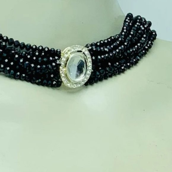Black Beaded Necklace, Handmade Black Beaded Multilayered Choker Necklace - Picture 3 of 8